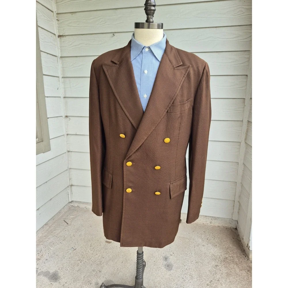 Neiman Marcus Traditional Shop Brown Double Breasted Hopsack Blazer Gold Sz 44 L